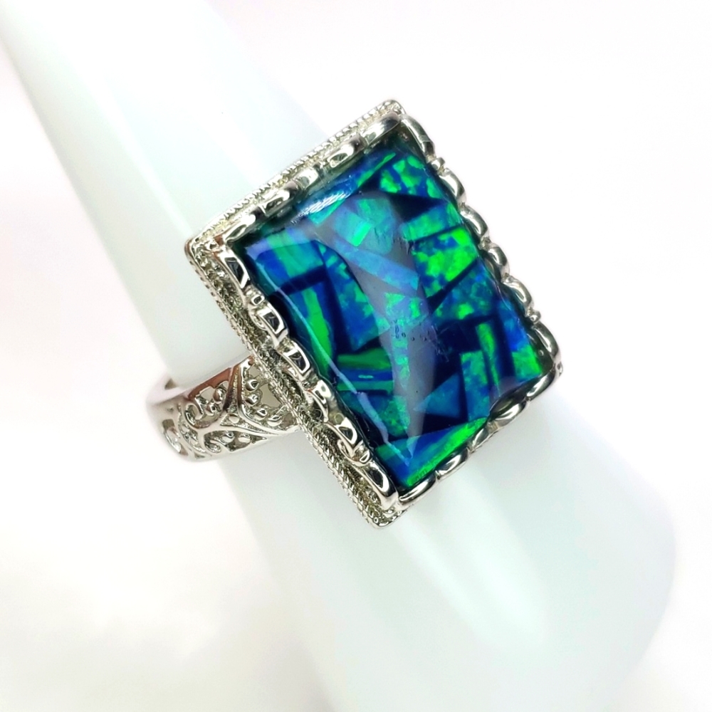 Mosaic Opal Ring Platinum Over 925 Sterling Silver Blue Green Size 8 NWT